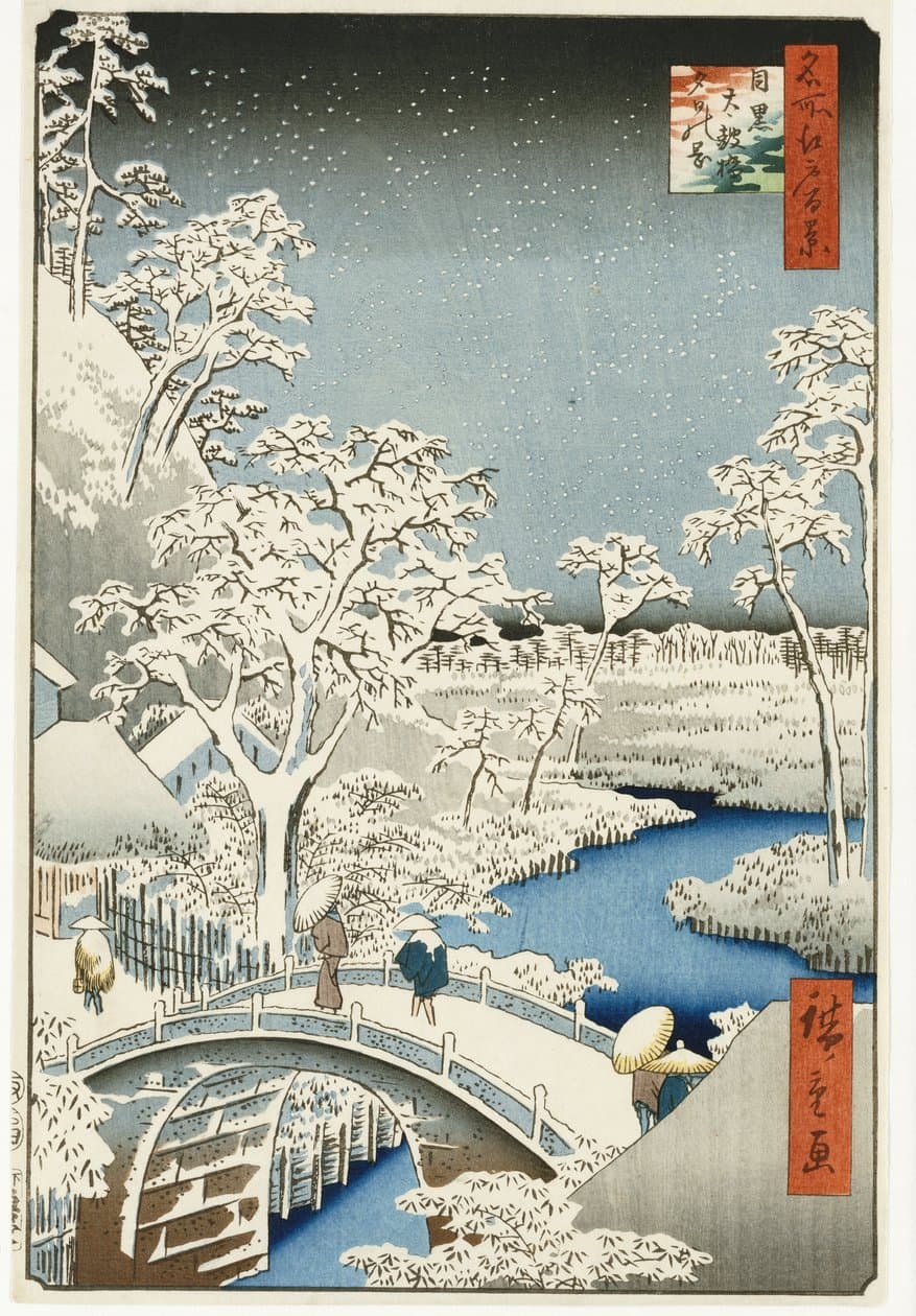 Puente del tambor y colina del "Sol poniente" de Utagawa Hiroshige